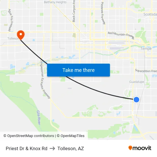 Priest Dr & Knox Rd to Tolleson, AZ map