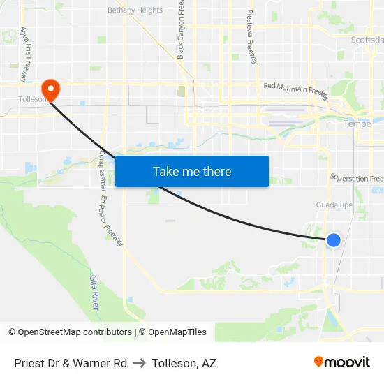 Priest Dr & Warner Rd to Tolleson, AZ map