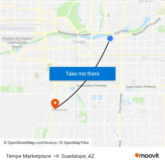 Tempe Marketplace to Guadalupe, AZ map