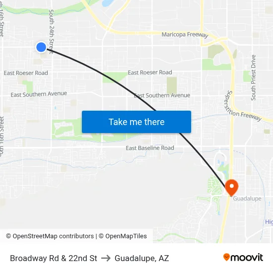 Broadway Rd & 22nd St to Guadalupe, AZ map