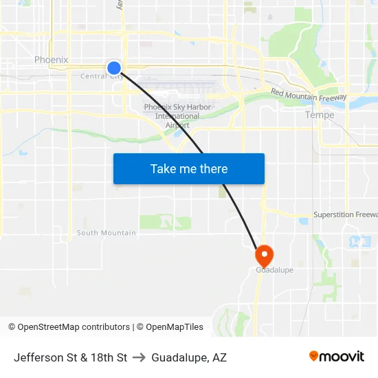 Jefferson St & 18th St to Guadalupe, AZ map