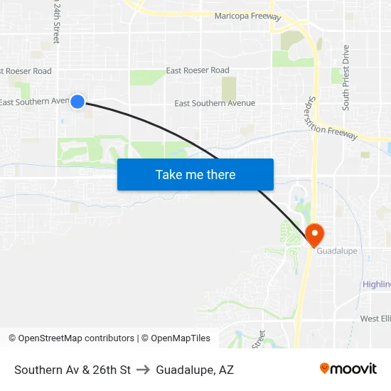 Southern Av & 26th St to Guadalupe, AZ map