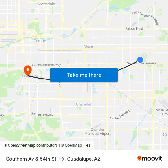 Southern Av & 54th St to Guadalupe, AZ map