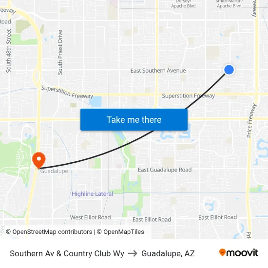 Southern Av & Country Club Wy to Guadalupe, AZ map