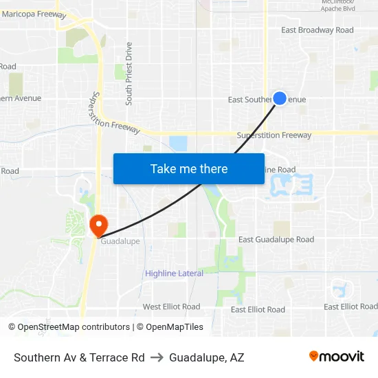 Southern Av & Terrace Rd to Guadalupe, AZ map