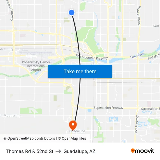 Thomas Rd & 52nd St to Guadalupe, AZ map