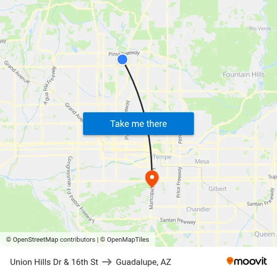 Union Hills Dr & 16th St to Guadalupe, AZ map