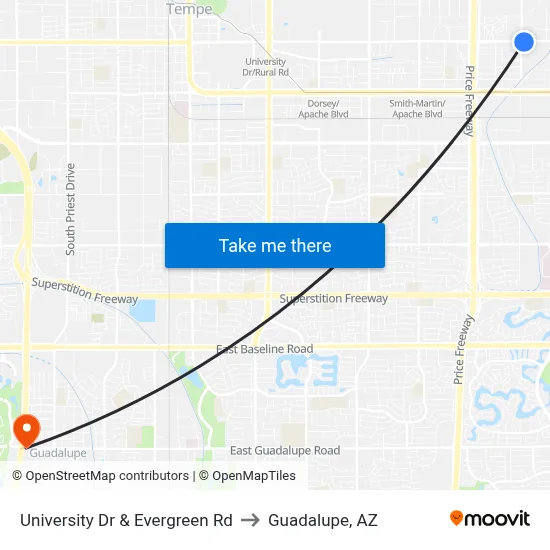 University Dr & Evergreen Rd to Guadalupe, AZ map