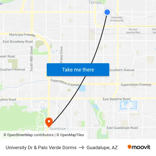 University Dr & Palo Verde Dorms to Guadalupe, AZ map