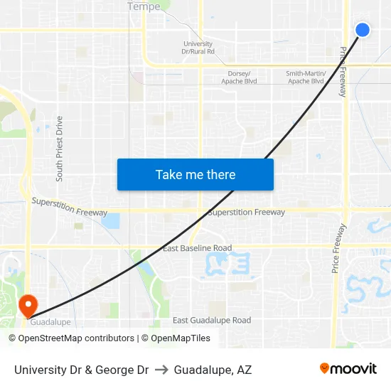 University Dr & George Dr to Guadalupe, AZ map