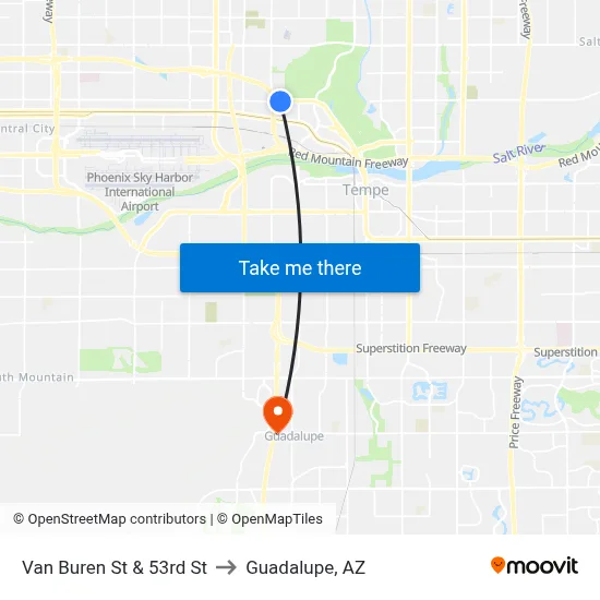 Van Buren St & 53rd St to Guadalupe, AZ map