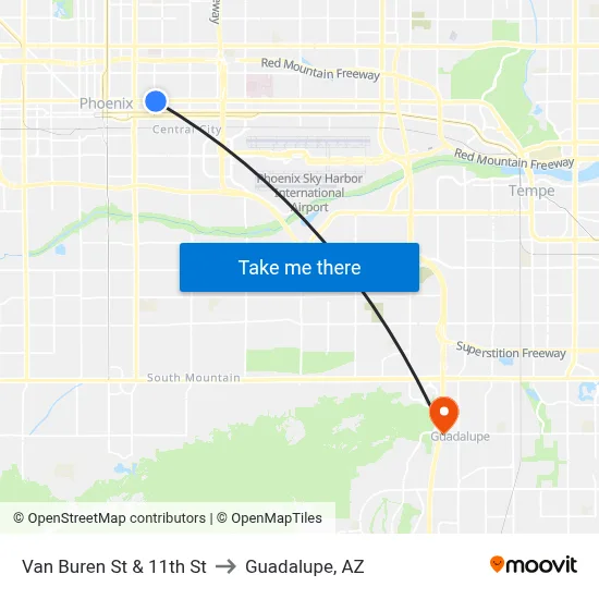 Van Buren St & 11th St to Guadalupe, AZ map