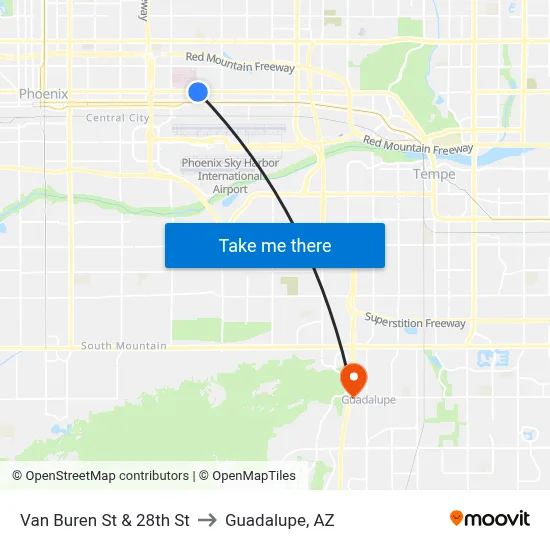 Van Buren St & 28th St to Guadalupe, AZ map