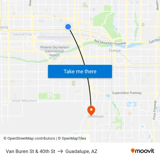 Van Buren St & 40th St to Guadalupe, AZ map