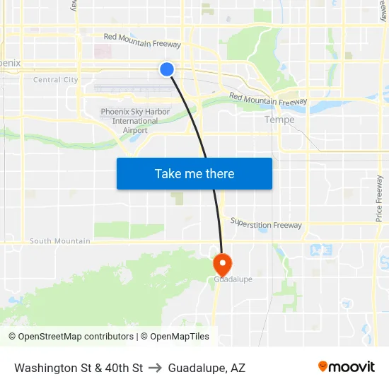 Washington St & 40th St to Guadalupe, AZ map