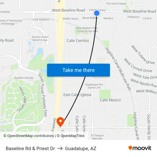 Baseline Rd & Priest Dr to Guadalupe, AZ map