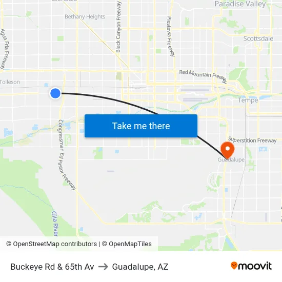 Buckeye Rd & 65th Av to Guadalupe, AZ map