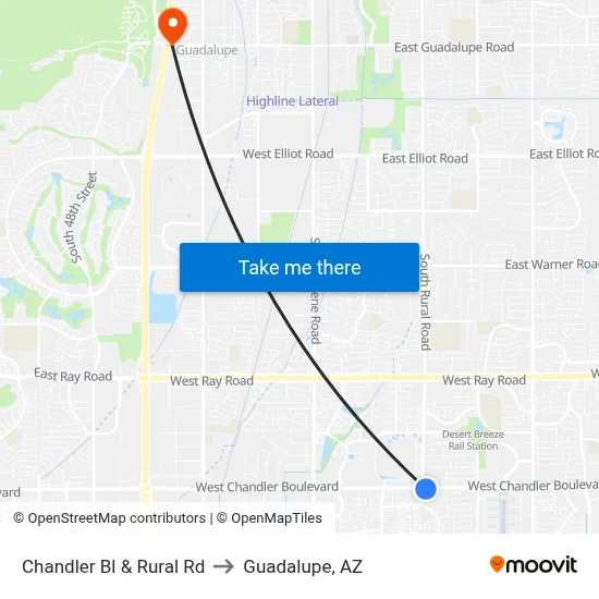 Chandler Bl & Rural Rd to Guadalupe, AZ map
