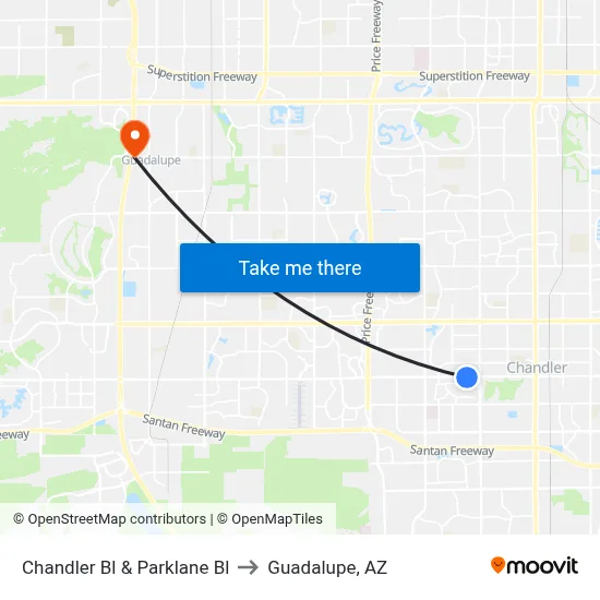 Chandler Bl & Parklane Bl to Guadalupe, AZ map
