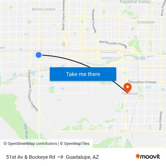 51st Av & Buckeye Rd to Guadalupe, AZ map