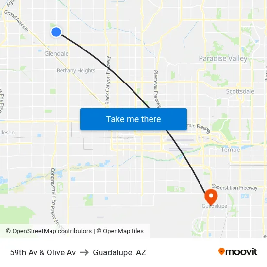 59th Av & Olive Av to Guadalupe, AZ map