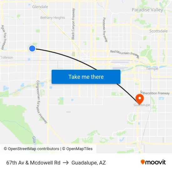 67th Av & Mcdowell Rd to Guadalupe, AZ map