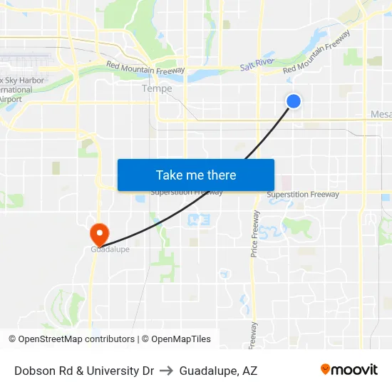 Dobson Rd & University Dr to Guadalupe, AZ map