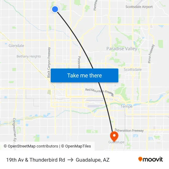 19th Av & Thunderbird Rd to Guadalupe, AZ map