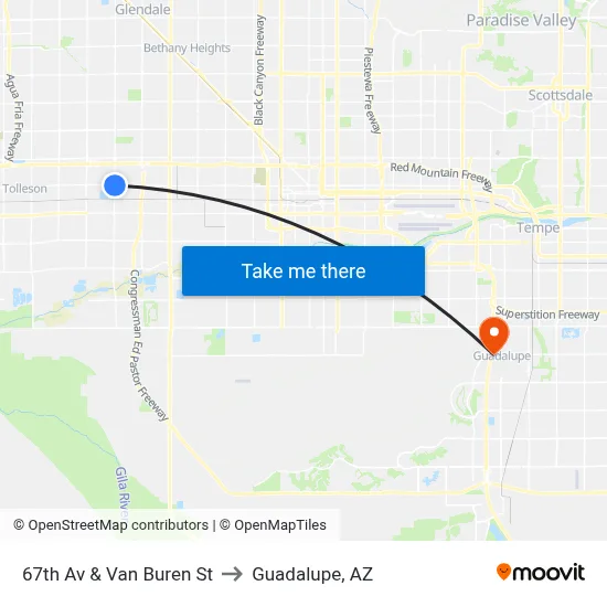 67th Av & Van Buren St to Guadalupe, AZ map
