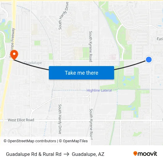 Guadalupe Rd & Rural Rd to Guadalupe, AZ map