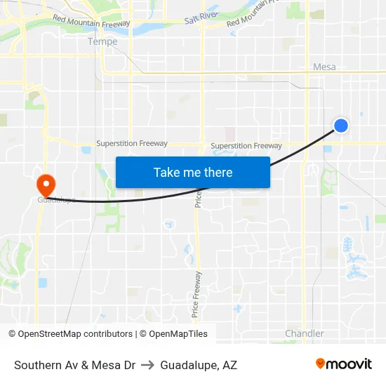 Southern Av & Mesa Dr to Guadalupe, AZ map