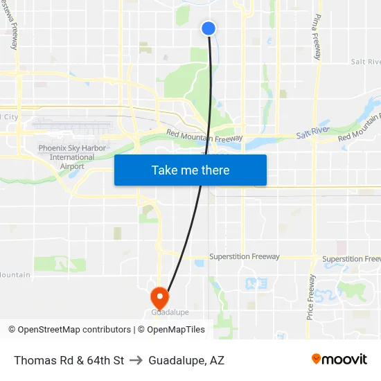 Thomas Rd & 64th St to Guadalupe, AZ map