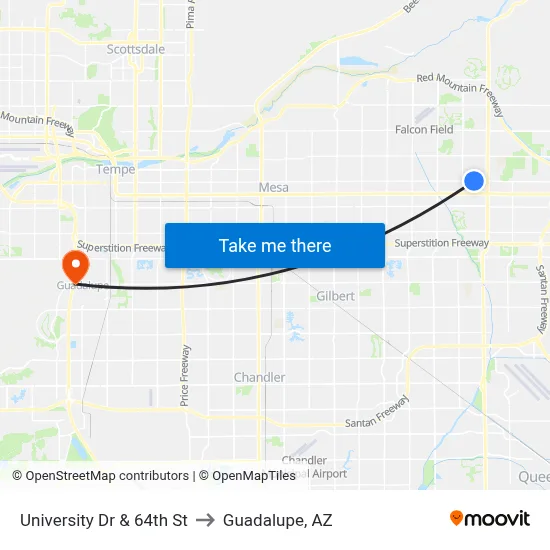 University Dr & 64th St to Guadalupe, AZ map