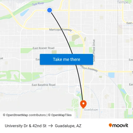 University Dr & 42nd St to Guadalupe, AZ map