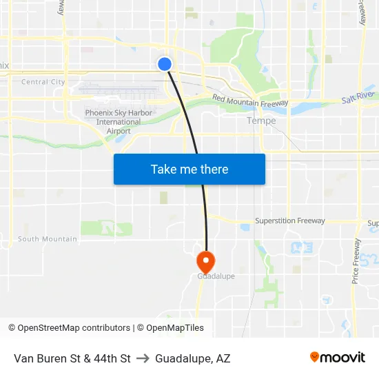 Van Buren St & 44th St to Guadalupe, AZ map