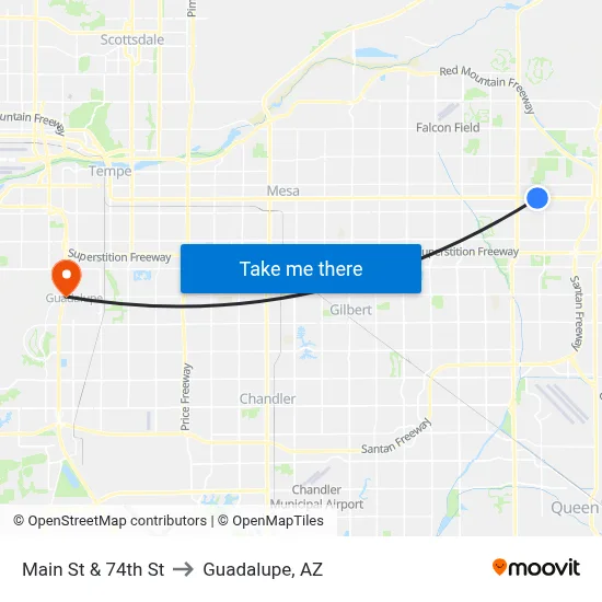 Main St & 74th St to Guadalupe, AZ map