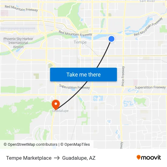 Tempe Marketplace to Guadalupe, AZ map