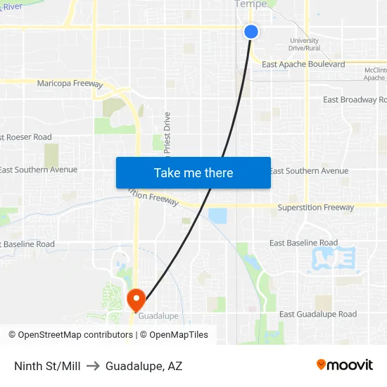 Ninth St/Mill to Guadalupe, AZ map