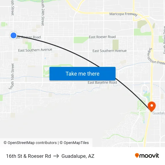 16th St & Roeser Rd to Guadalupe, AZ map