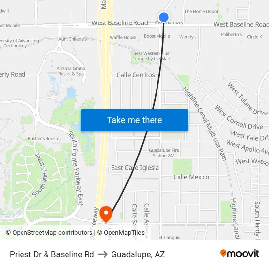 Priest Dr & Baseline Rd to Guadalupe, AZ map