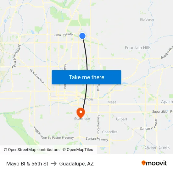 Mayo Bl & 56th St to Guadalupe, AZ map