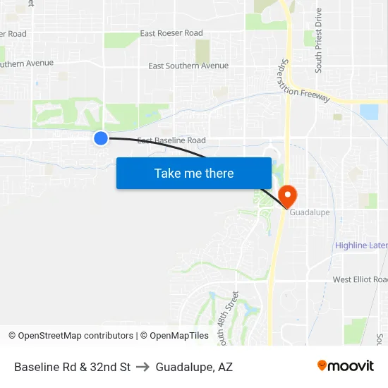 Baseline Rd & 32nd St to Guadalupe, AZ map