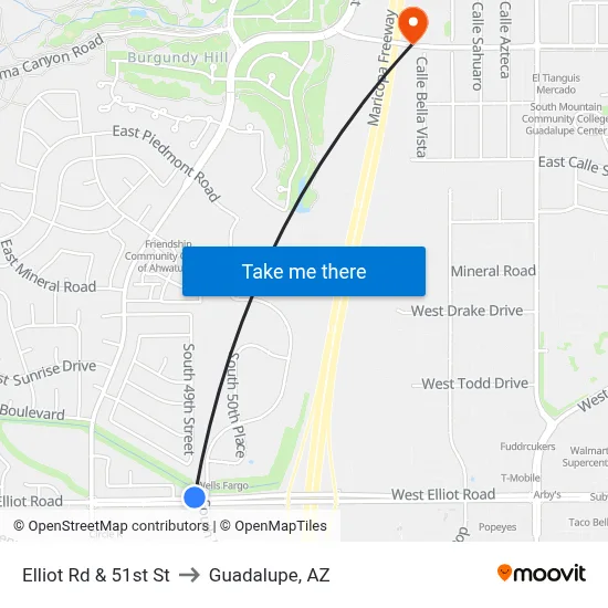 Elliot Rd & 51st St to Guadalupe, AZ map