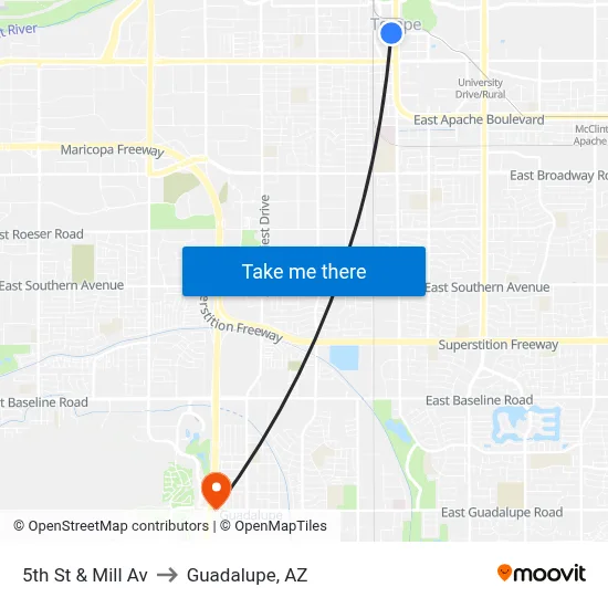 5th St & Mill Av to Guadalupe, AZ map