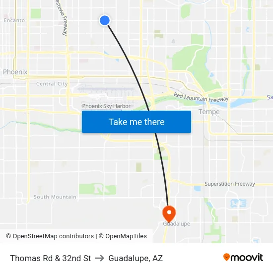 Thomas Rd & 32nd St to Guadalupe, AZ map