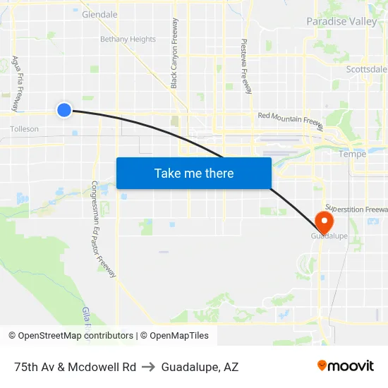 75th Av & Mcdowell Rd to Guadalupe, AZ map