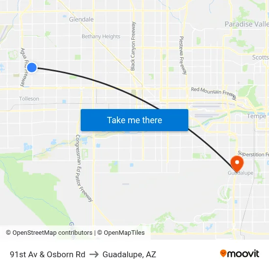 91st Av & Osborn Rd to Guadalupe, AZ map