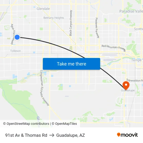 91st Av & Thomas Rd to Guadalupe, AZ map