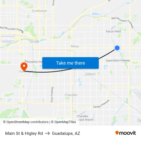 Main St & Higley Rd to Guadalupe, AZ map