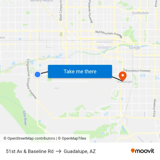 51st Av & Baseline Rd to Guadalupe, AZ map